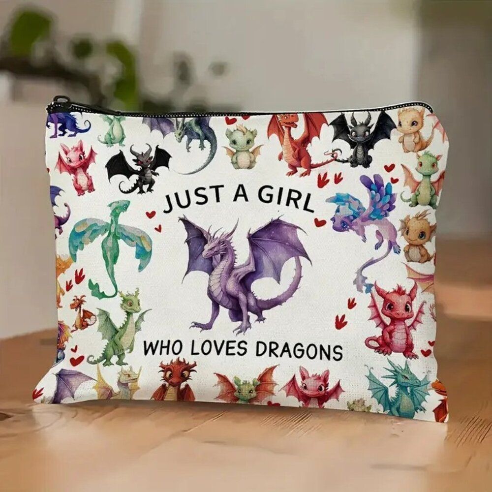 Just a Girl Who Loves Dragons, Zipper Closure, Travel-Friendly Cosmetic Pouch
